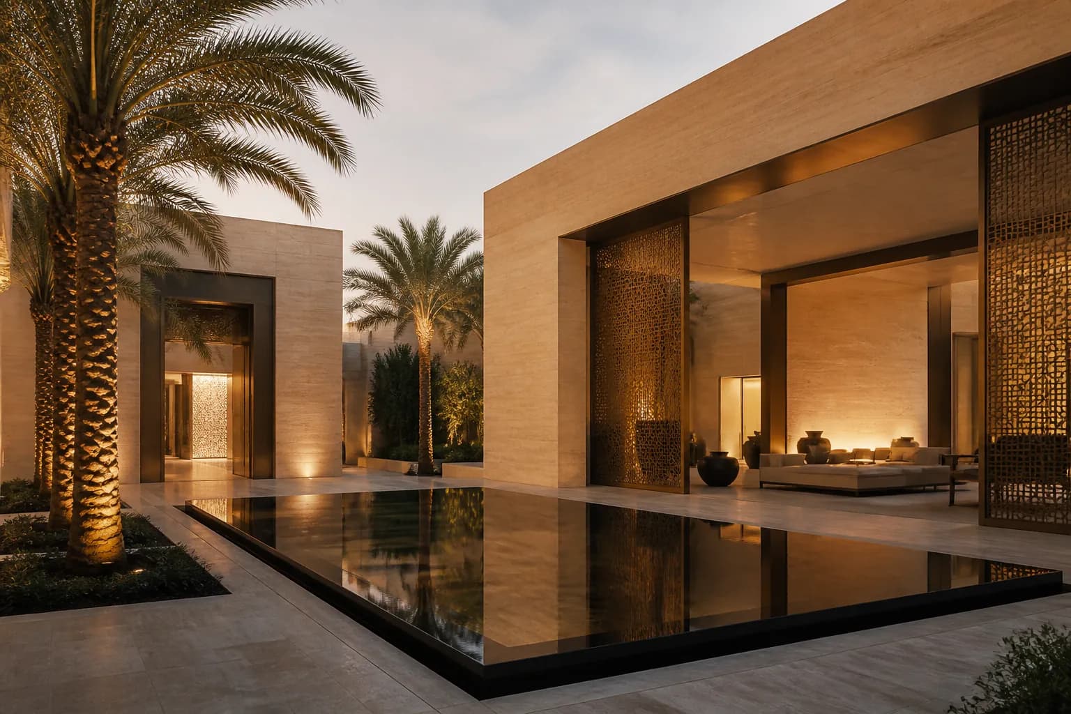 Courtyard with reflecting pool in a contemporary Saudi development